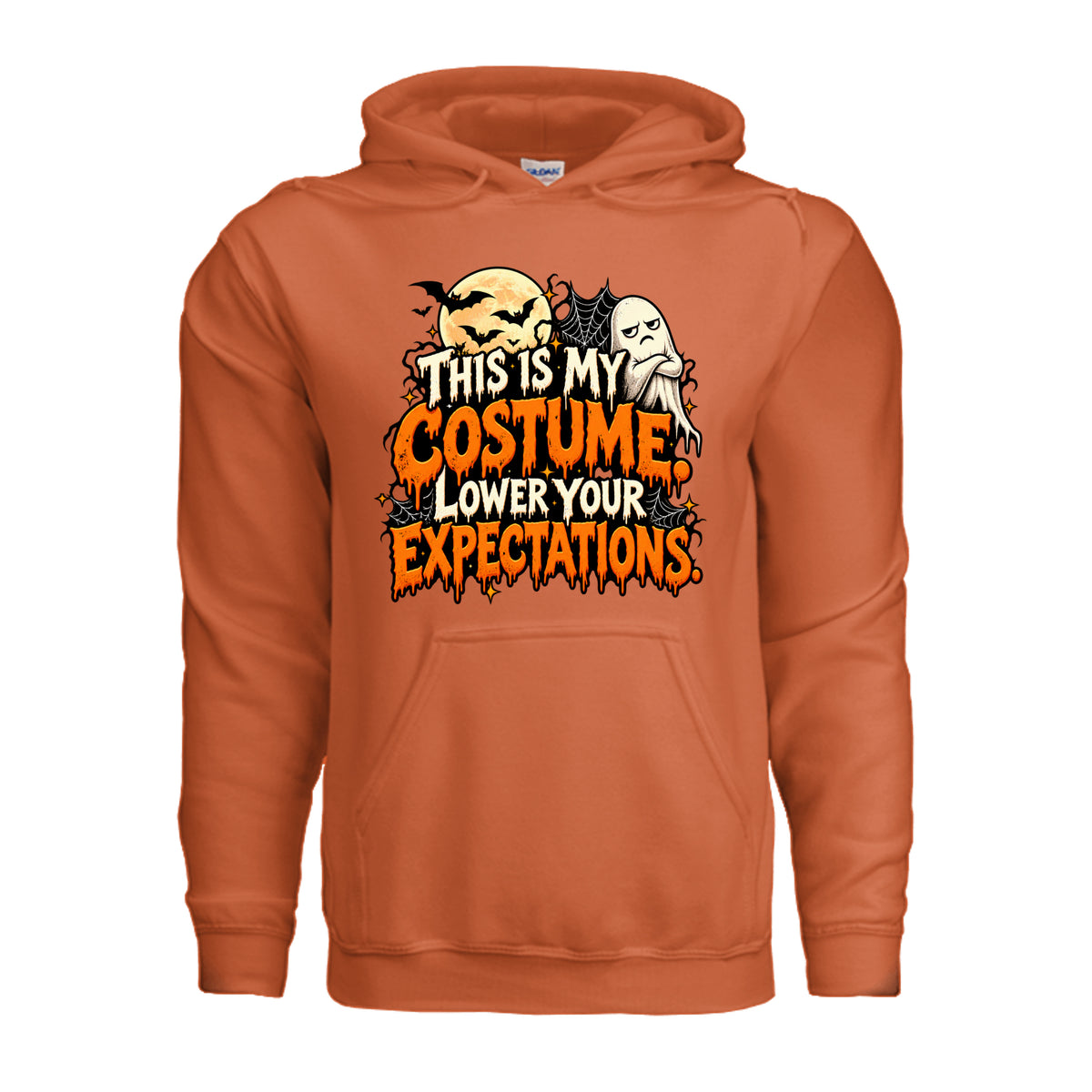 Orange This Is My Costume Lower Your Expectations Halloween graphic with grumpy ghost, bats, glowing moon, spiderwebs, and orange and white lettering.