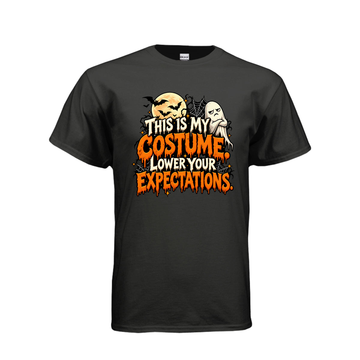 Black This Is My Costume Lower Your Expectations Halloween graphic with grumpy ghost, bats, glowing moon, spiderwebs, and orange and white lettering.