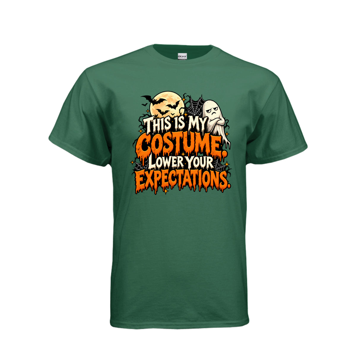 Fan Dark Green This Is My Costume Lower Your Expectations Halloween graphic with grumpy ghost, bats, glowing moon, spiderwebs, and orange and white lettering.