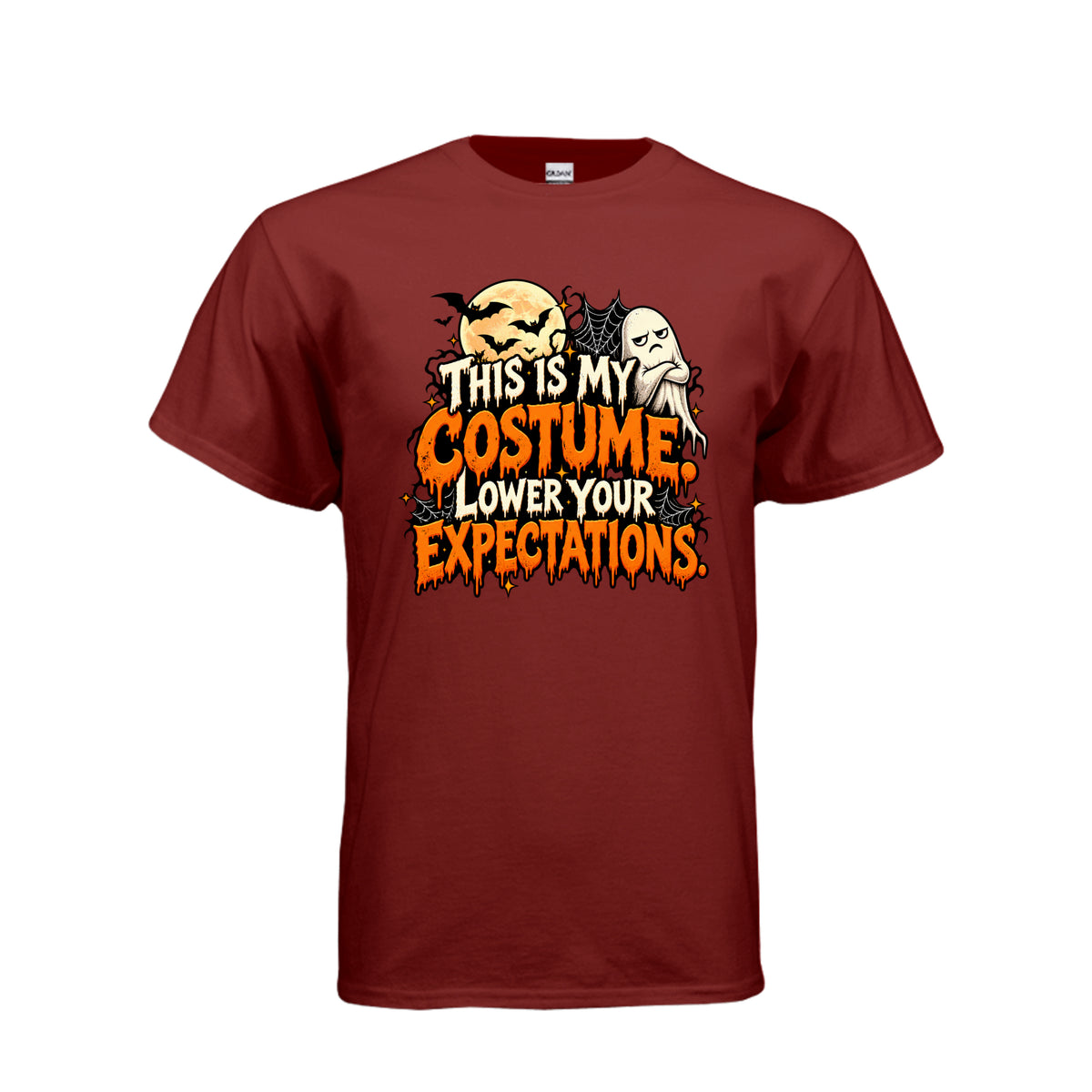 Garnet This Is My Costume Lower Your Expectations Halloween graphic with grumpy ghost, bats, glowing moon, spiderwebs, and orange and white lettering.
