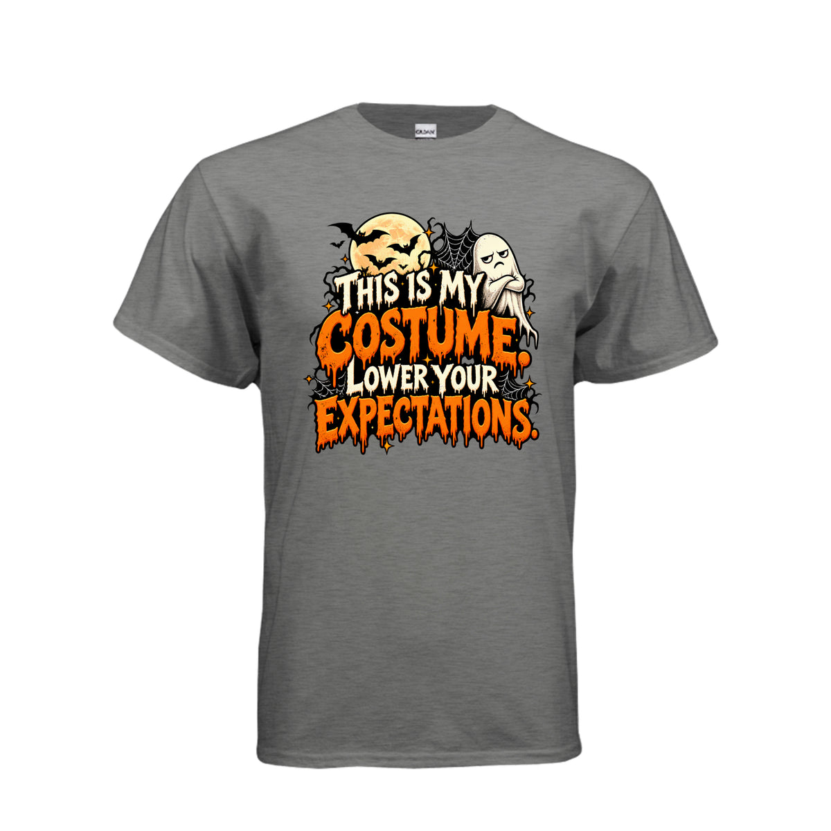Graphite Heather This Is My Costume Lower Your Expectations Halloween graphic with grumpy ghost, bats, glowing moon, spiderwebs, and orange and white lettering.