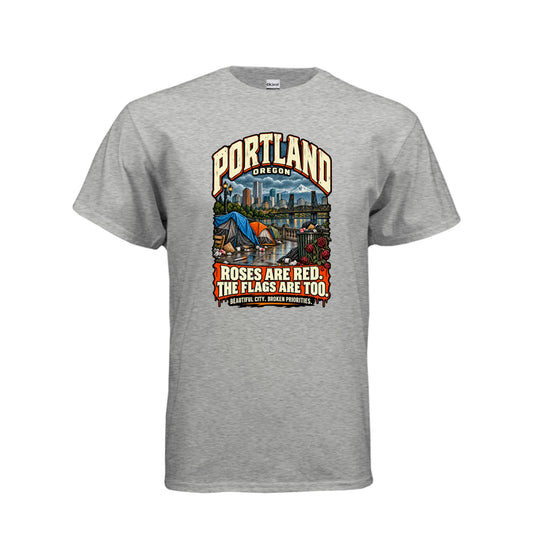 Portland skyline above tents, litter, and red roses, with “Roses Are Red. The Flags Are Too.” lettering.