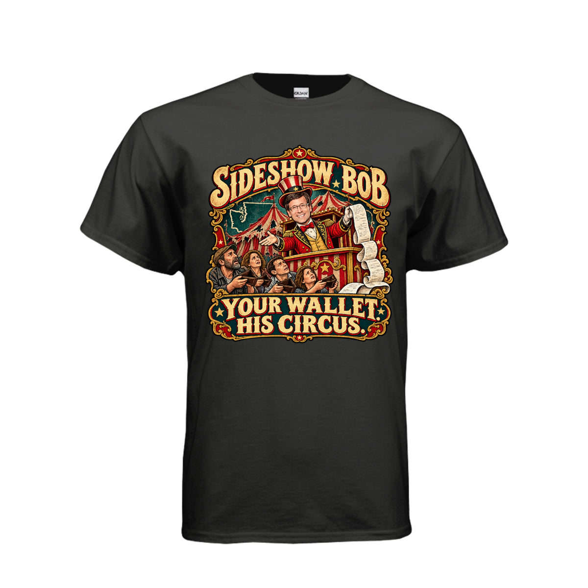 Bob Ferguson caricature as a circus ringmaster with a long receipt and frustrated taxpayers beneath “Your Wallet. His Circus.”