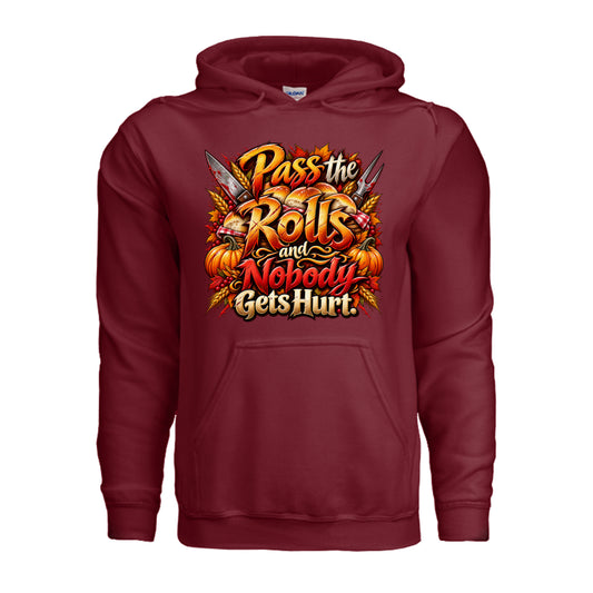 Pass the Rolls and Nobody Gets Hurt Thanksgiving hoodie with edgy red and gold lettering, dinner rolls, knives, carving fork, pumpkins, and autumn leaves.