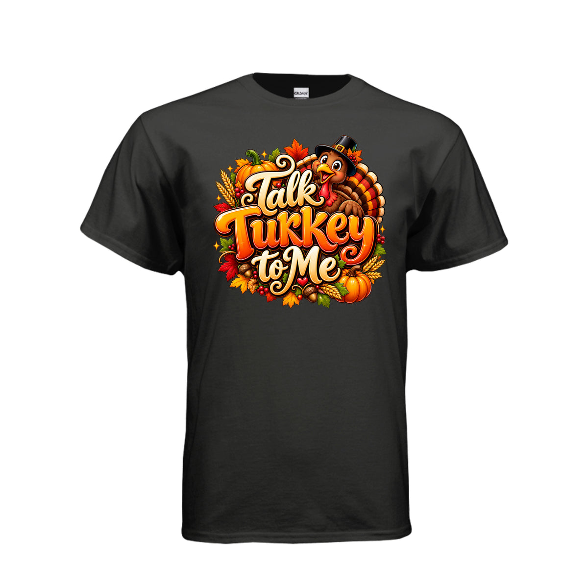 Talk Turkey to Me funny Thanksgiving T-shirt with smiling turkey wearing a pilgrim hat, pumpkins, autumn leaves, and festive lettering.