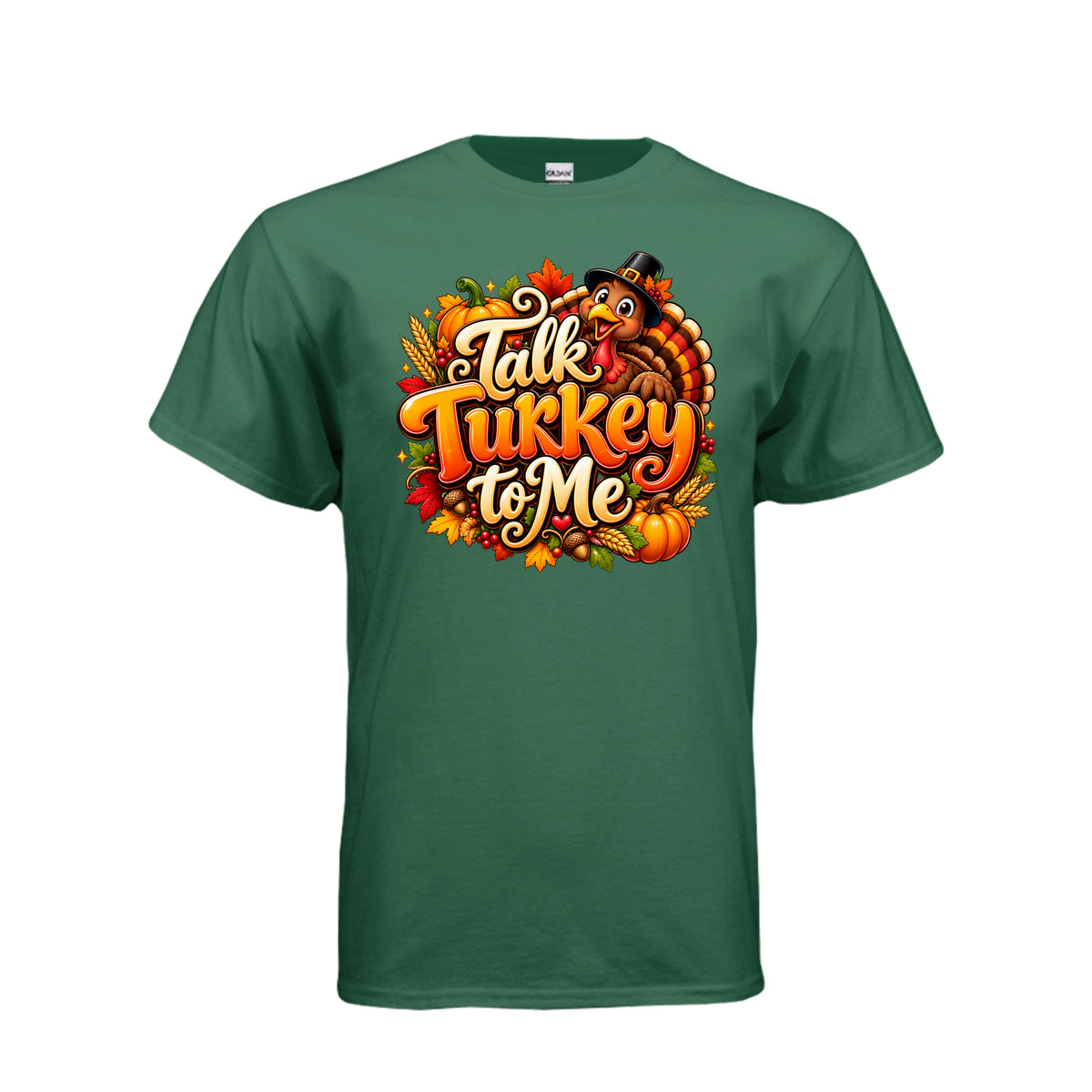 Talk Turkey to Me funny Thanksgiving T-shirt with smiling turkey wearing a pilgrim hat, pumpkins, autumn leaves, and festive lettering.