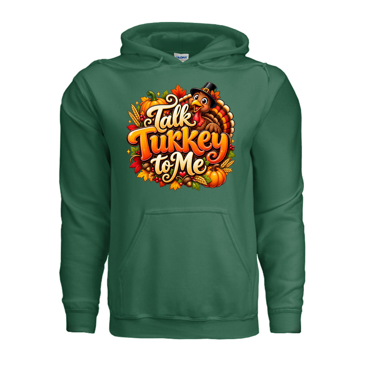 Talk Turkey to Me Thanksgiving hoodie featuring a cheerful turkey in a pilgrim hat, pumpkins, autumn leaves, and colorful lettering.