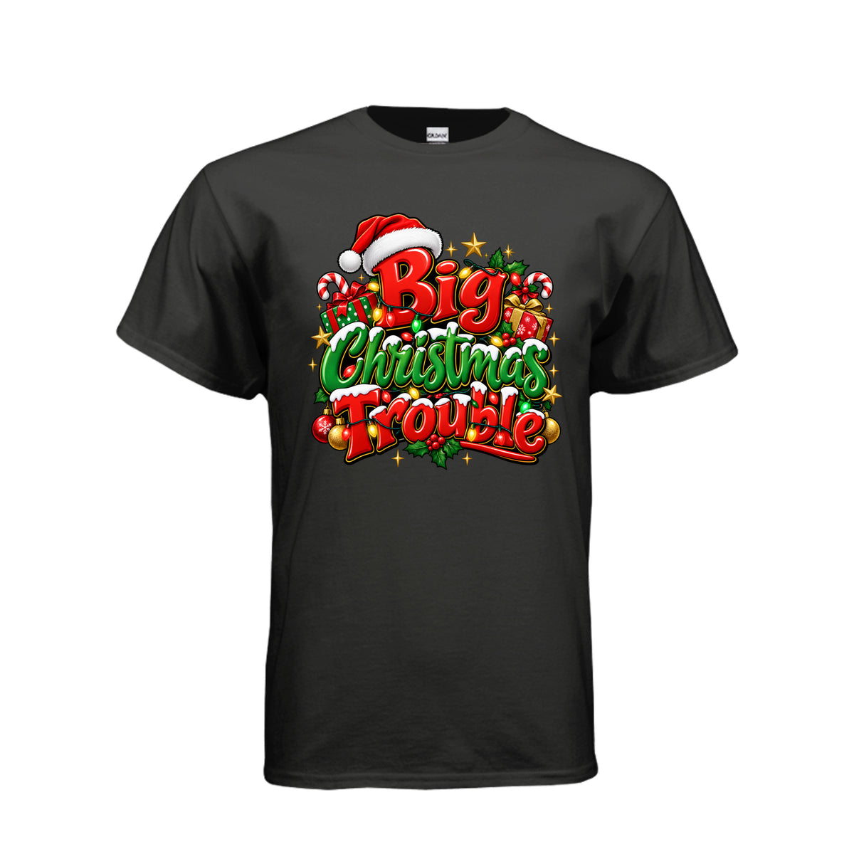 Big Christmas Trouble adult T-shirt featuring red and green Christmas lettering, Santa hat, Christmas lights, candy canes, and wrapped gifts.