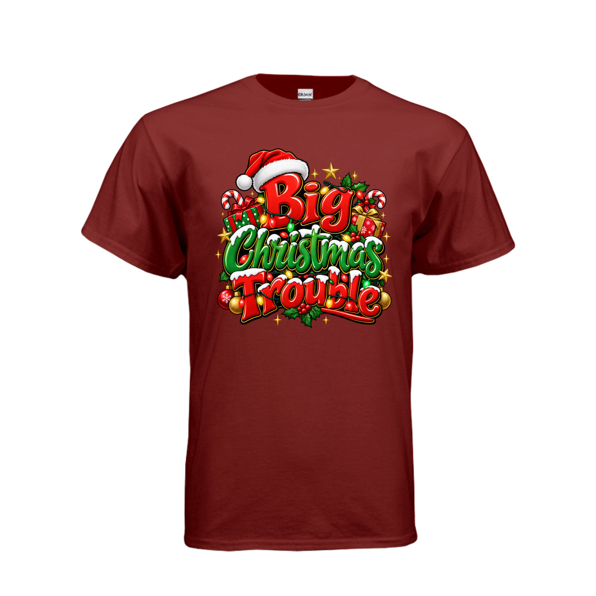 Big Christmas Trouble adult T-shirt featuring red and green Christmas lettering, Santa hat, Christmas lights, candy canes, and wrapped gifts.