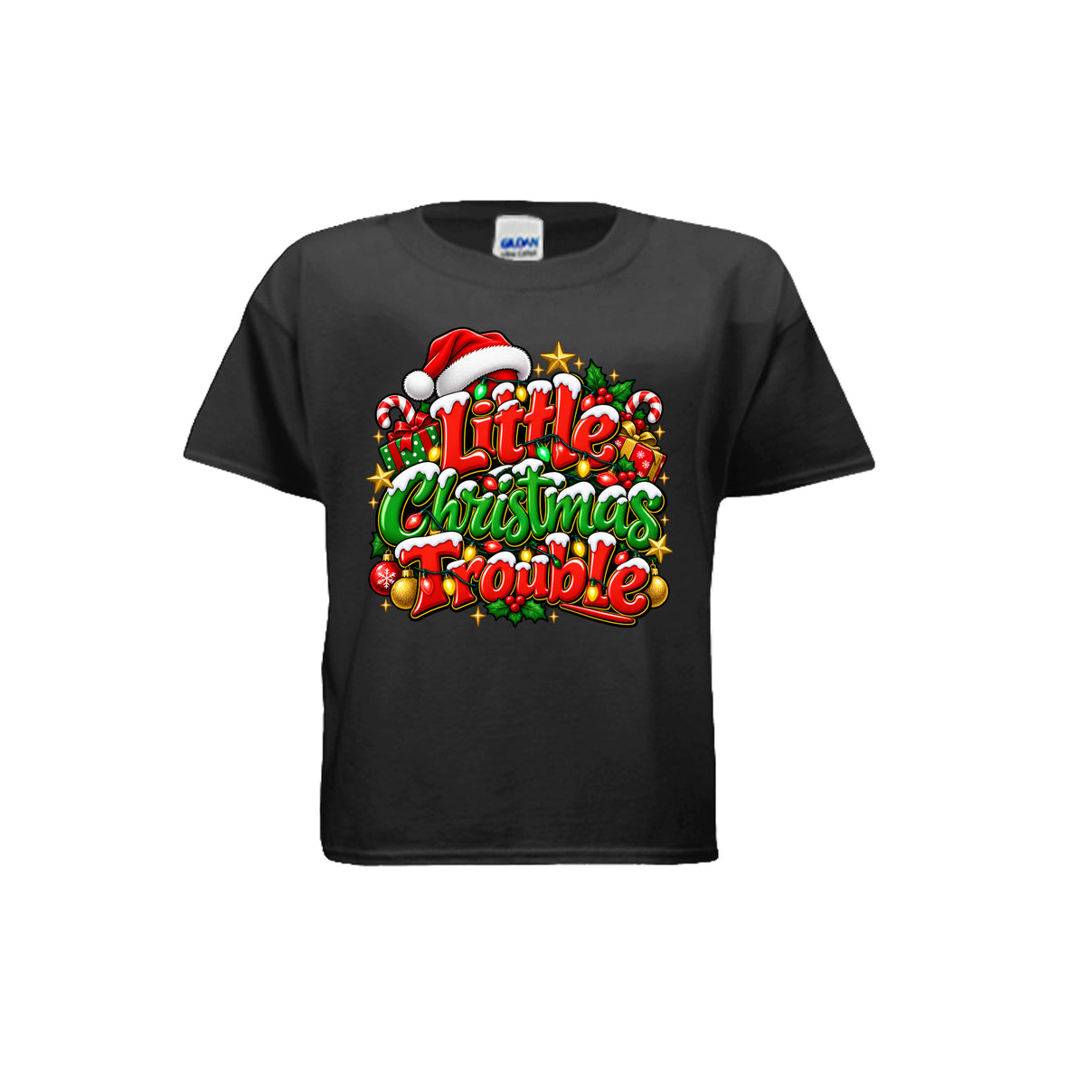 Little Christmas Trouble youth T-shirt with red and green festive lettering, Santa hat, Christmas lights, candy canes, and Christmas presents.