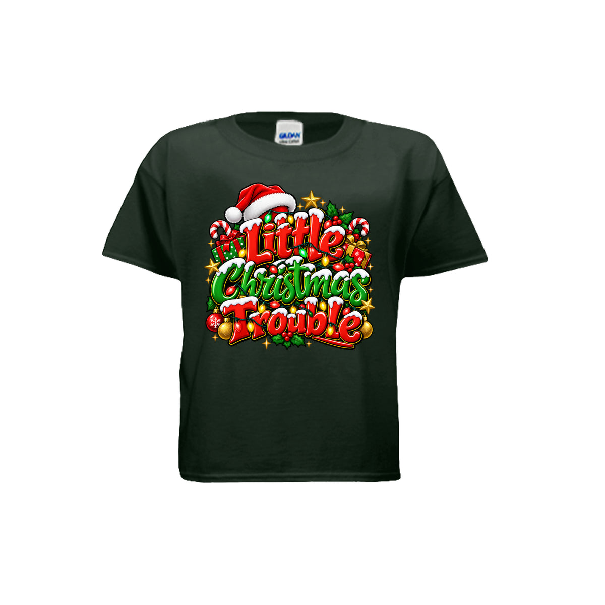 Little Christmas Trouble youth T-shirt with red and green festive lettering, Santa hat, Christmas lights, candy canes, and Christmas presents.