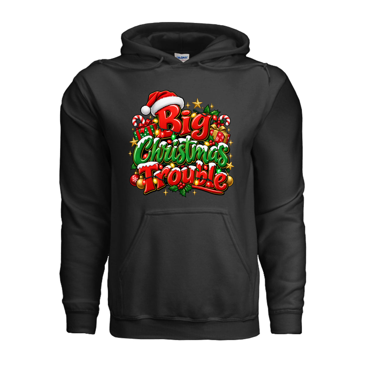 Big Christmas Trouble adult hoodie featuring red and green Christmas lettering, Santa hat, colorful Christmas lights, candy canes, and wrapped presents.