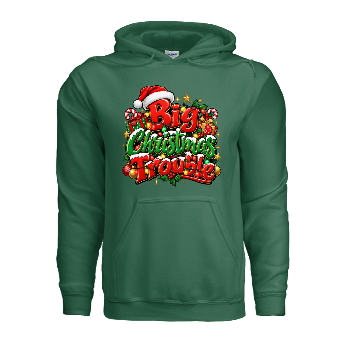 Big Christmas Trouble adult hoodie featuring red and green Christmas lettering, Santa hat, colorful Christmas lights, candy canes, and wrapped presents.