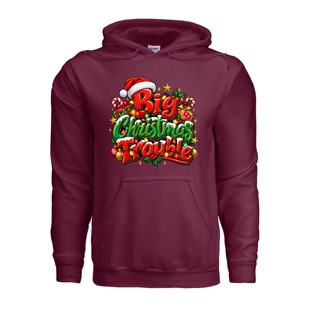 Big Christmas Trouble adult hoodie featuring red and green Christmas lettering, Santa hat, colorful Christmas lights, candy canes, and wrapped presents.