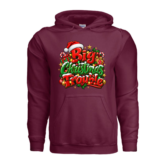 Big Christmas Trouble adult hoodie featuring red and green Christmas lettering, Santa hat, colorful Christmas lights, candy canes, and wrapped presents.