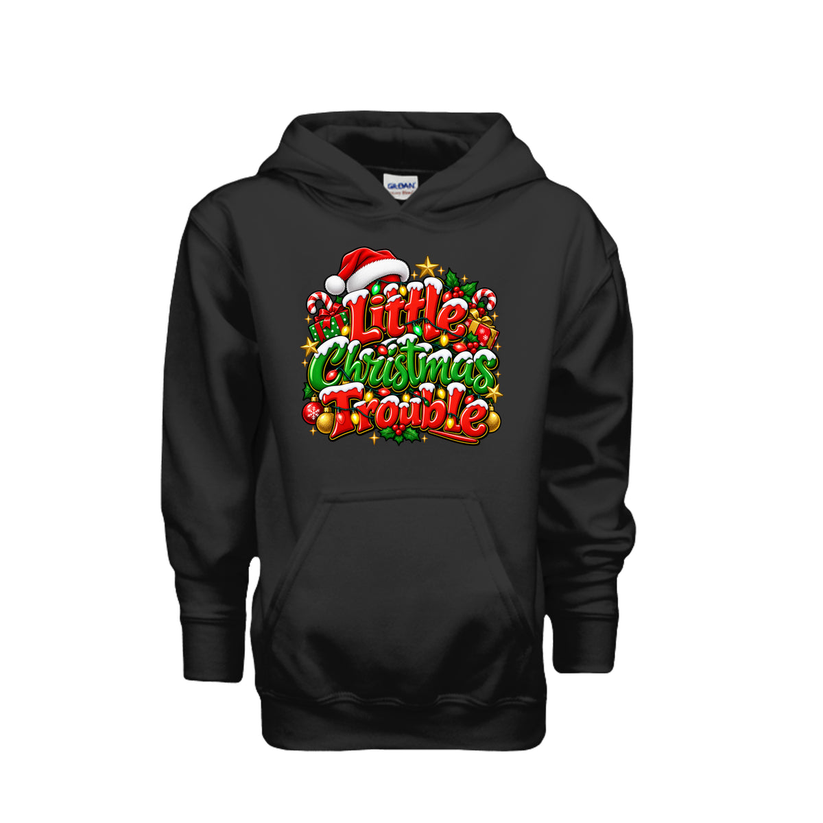 Little Christmas Trouble youth Christmas hoodie with festive red and green lettering, Santa hat, colorful lights, candy canes, and Christmas gifts.