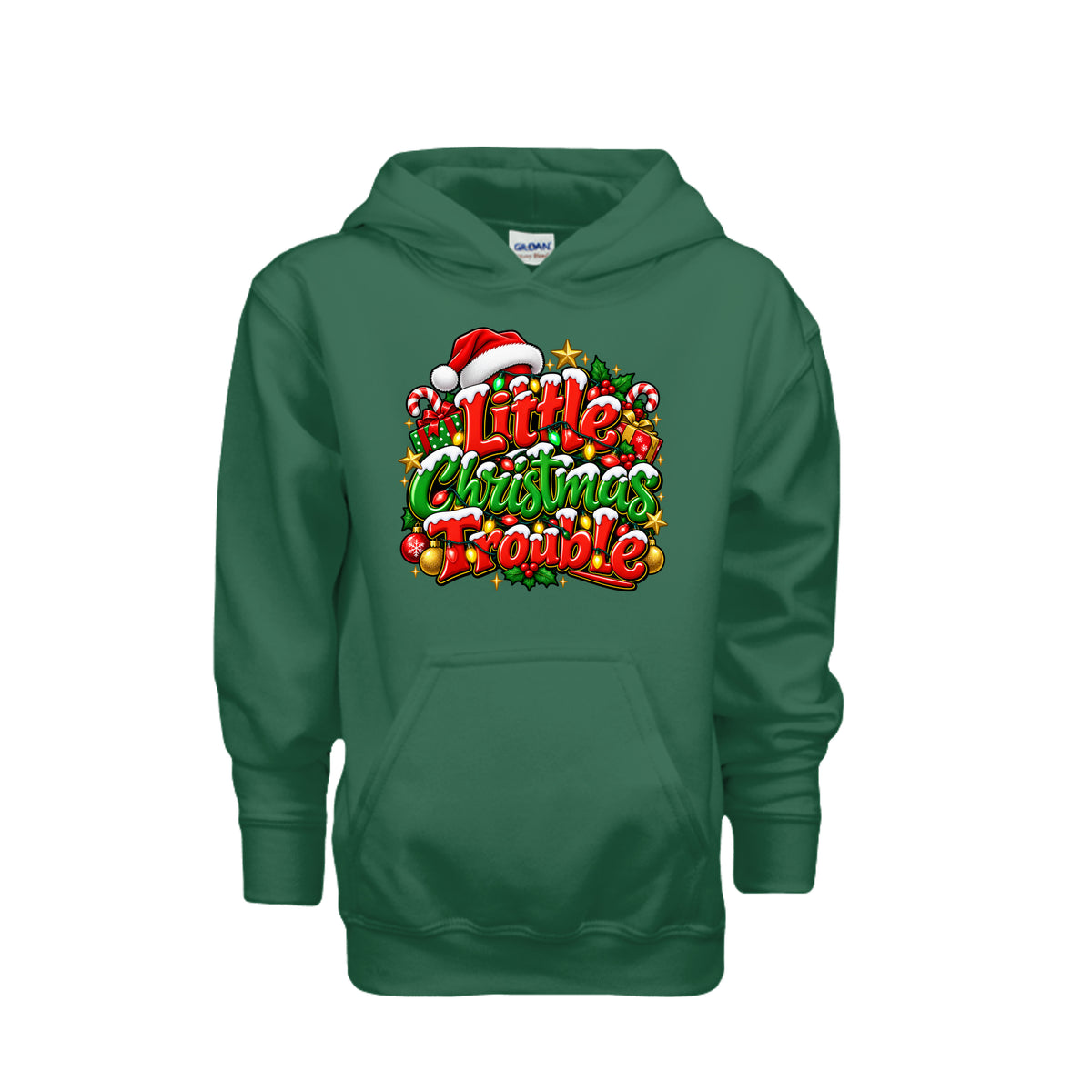 Little Christmas Trouble youth Christmas hoodie with festive red and green lettering, Santa hat, colorful lights, candy canes, and Christmas gifts.