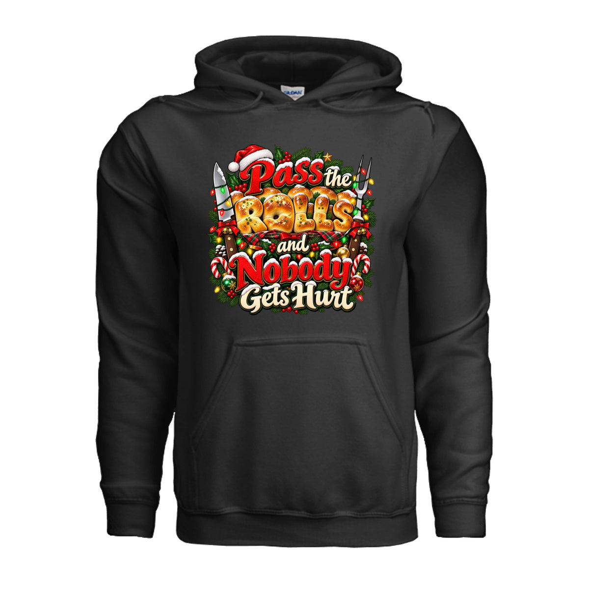 Pass the Rolls and Nobody Gets Hurt Christmas hoodie with golden dinner rolls, red holiday lettering, kitchen utensils, Christmas lights, and candy canes.