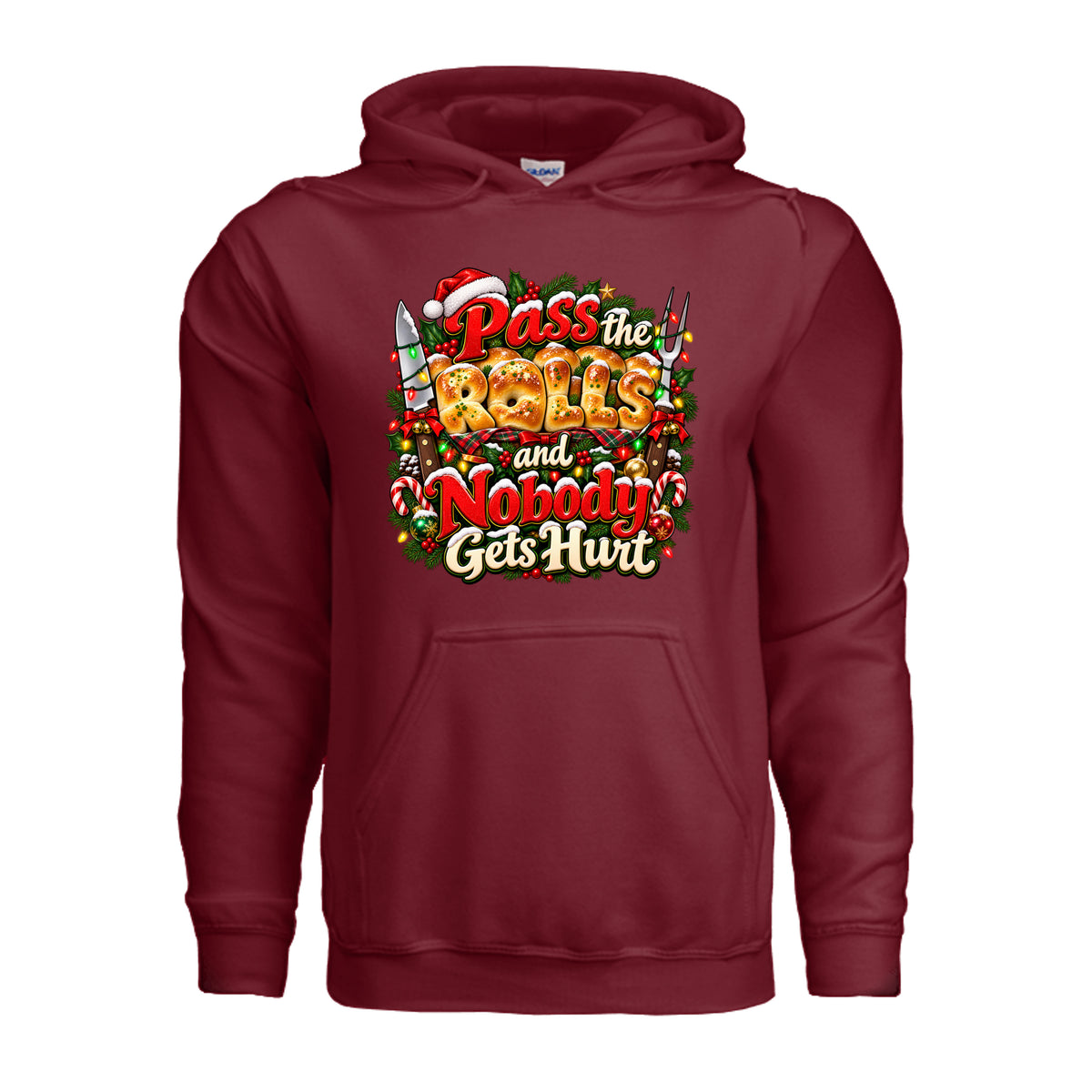 Pass the Rolls and Nobody Gets Hurt Christmas hoodie with golden dinner rolls, red holiday lettering, kitchen utensils, Christmas lights, and candy canes.