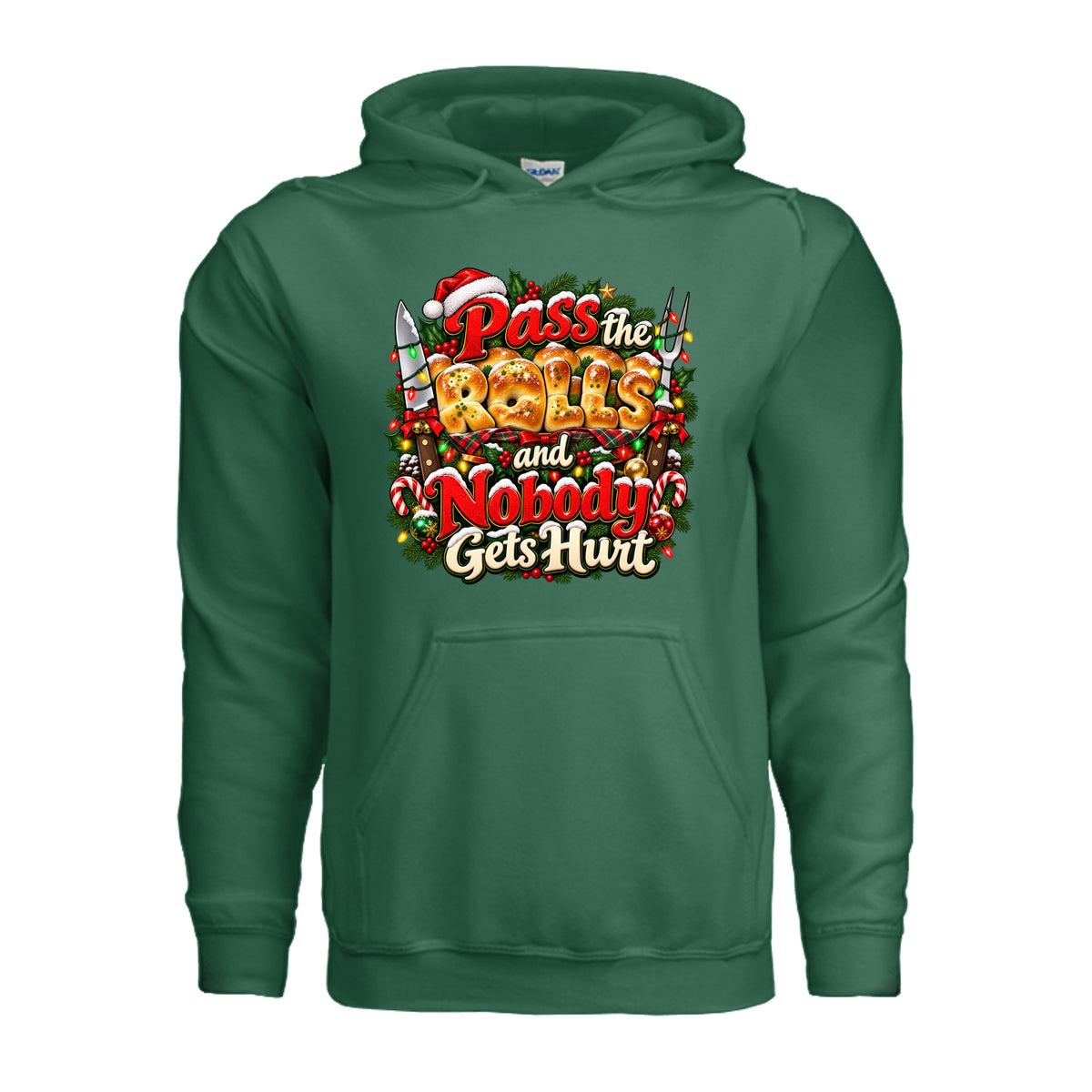 Pass the Rolls and Nobody Gets Hurt Christmas hoodie with golden dinner rolls, red holiday lettering, kitchen utensils, Christmas lights, and candy canes.
