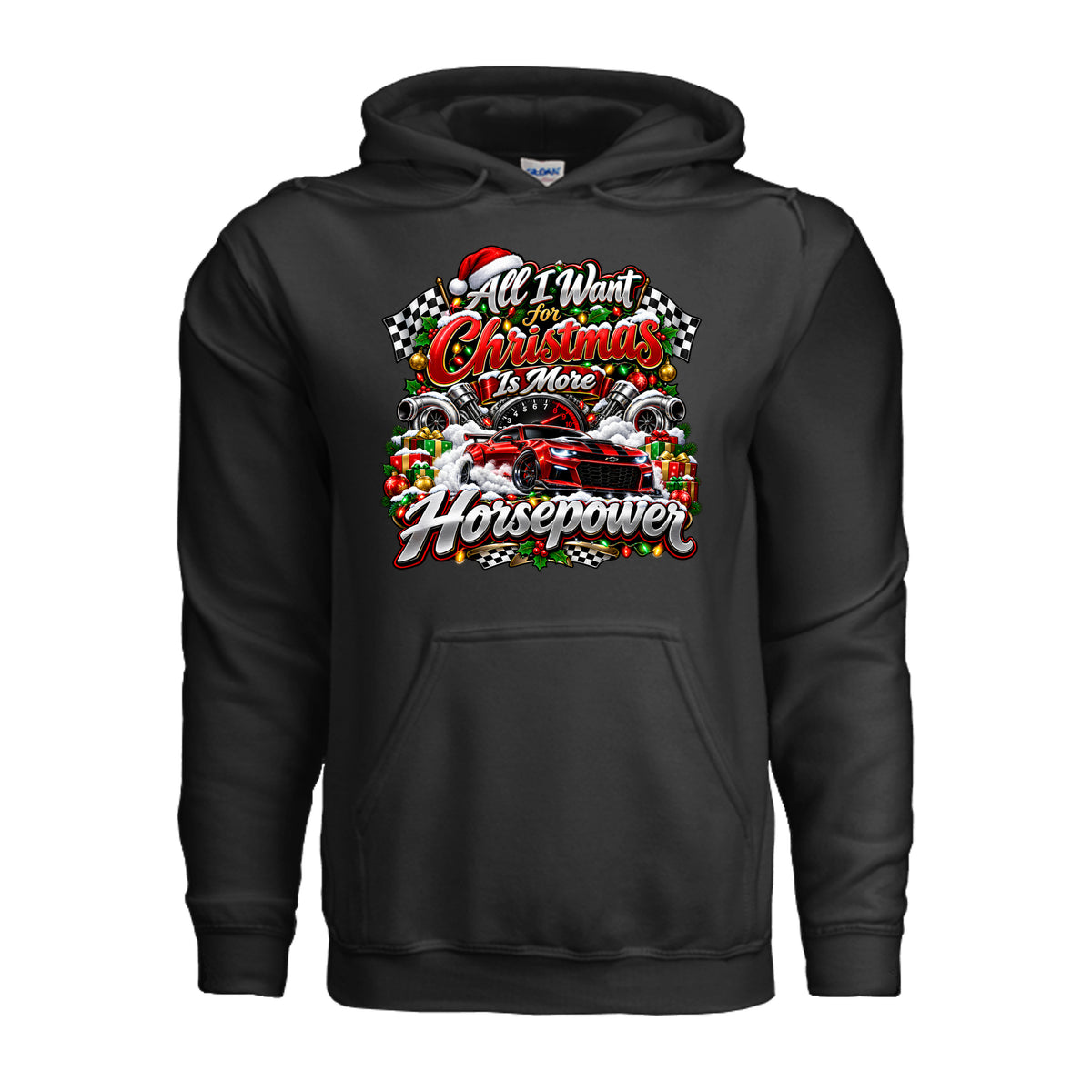 All I Want for Christmas Is More Horsepower hoodie featuring red sports car, turbochargers, tachometer, checkered flags, and Christmas decorations.
