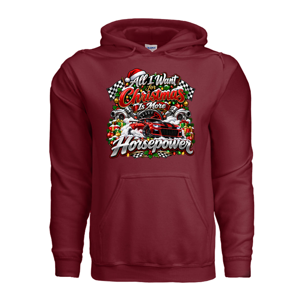 All I Want for Christmas Is More Horsepower hoodie featuring red sports car, turbochargers, tachometer, checkered flags, and Christmas decorations.