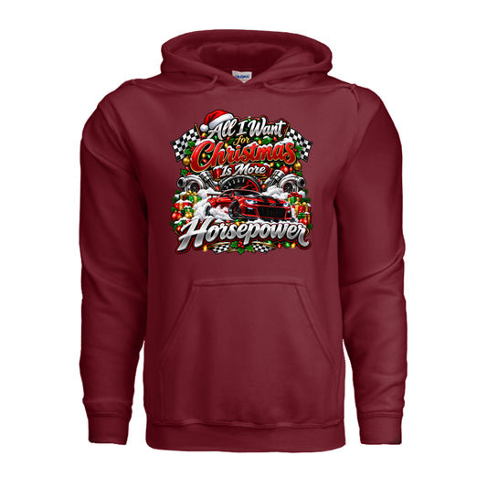 All I Want for Christmas Is More Horsepower hoodie featuring red sports car, turbochargers, tachometer, checkered flags, and Christmas decorations.