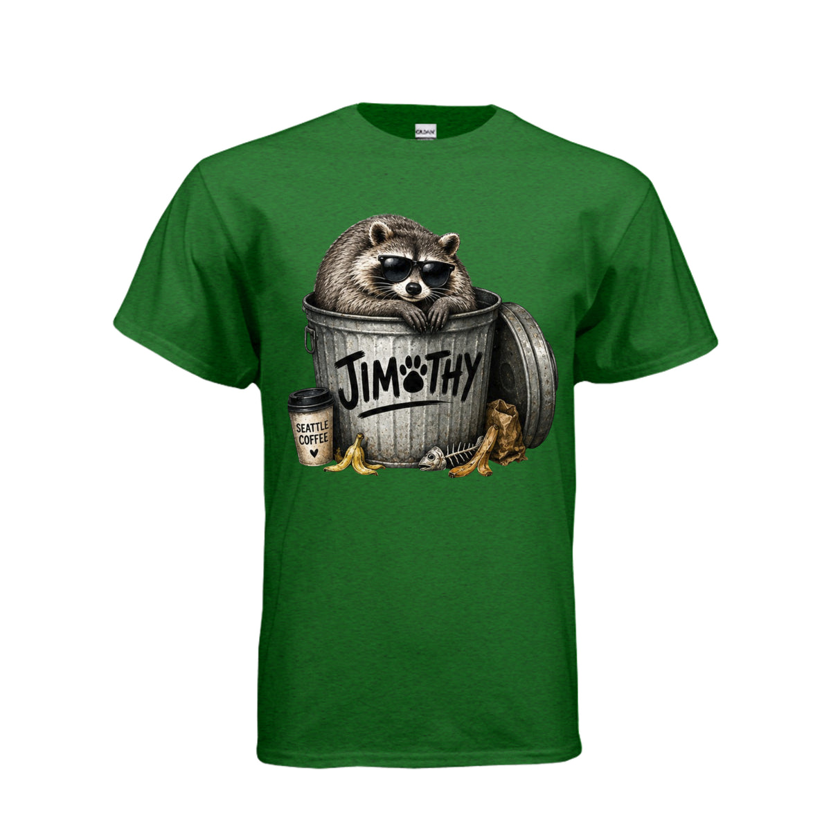 Antique Irish Green Jimothy – Just Raccoon Around T-Shirt, front view