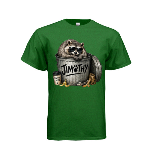 Antique Irish Green Jimothy – Just Raccoon Around T-Shirt, front view