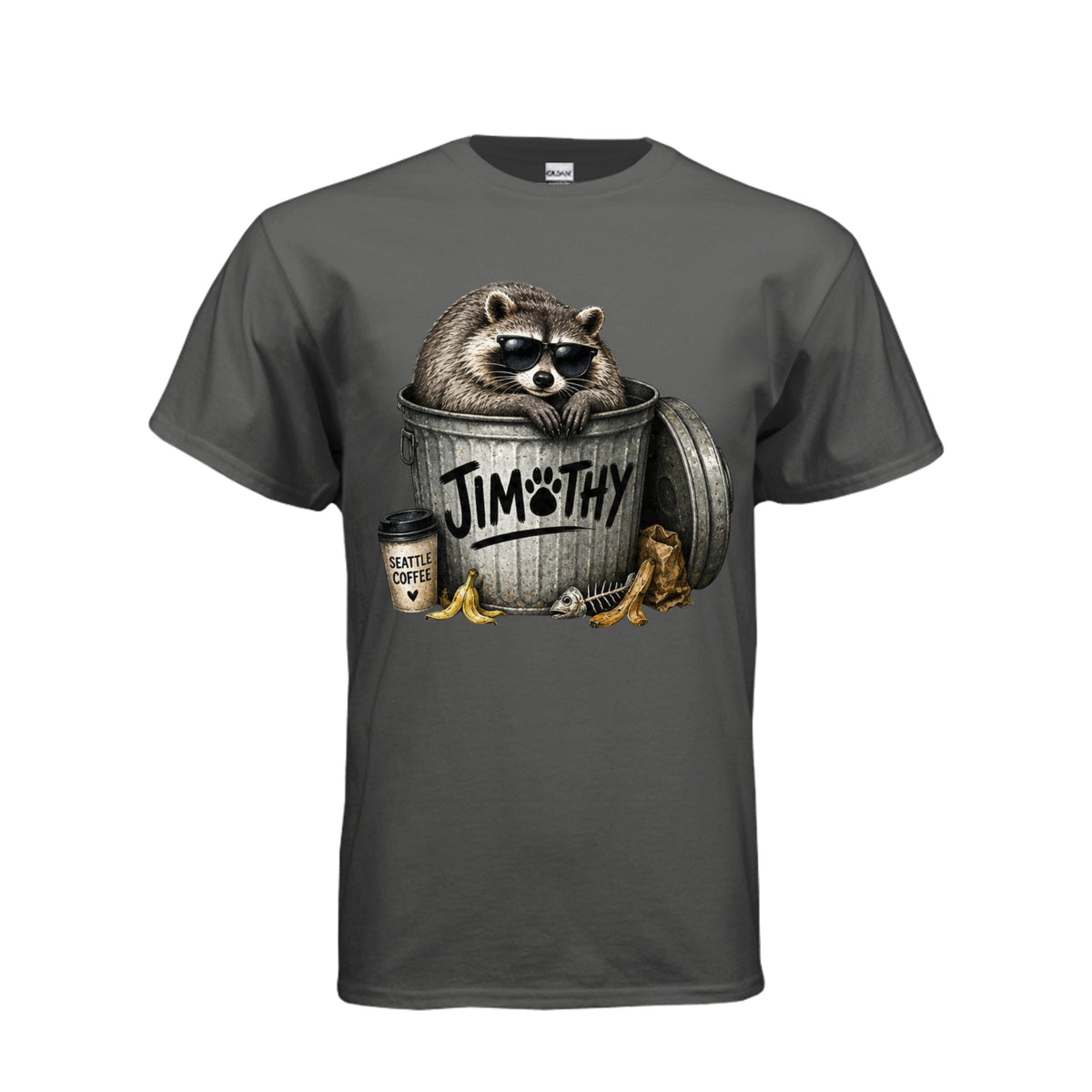 Charcoal Jimothy – Just Raccoon Around T-Shirt, front view