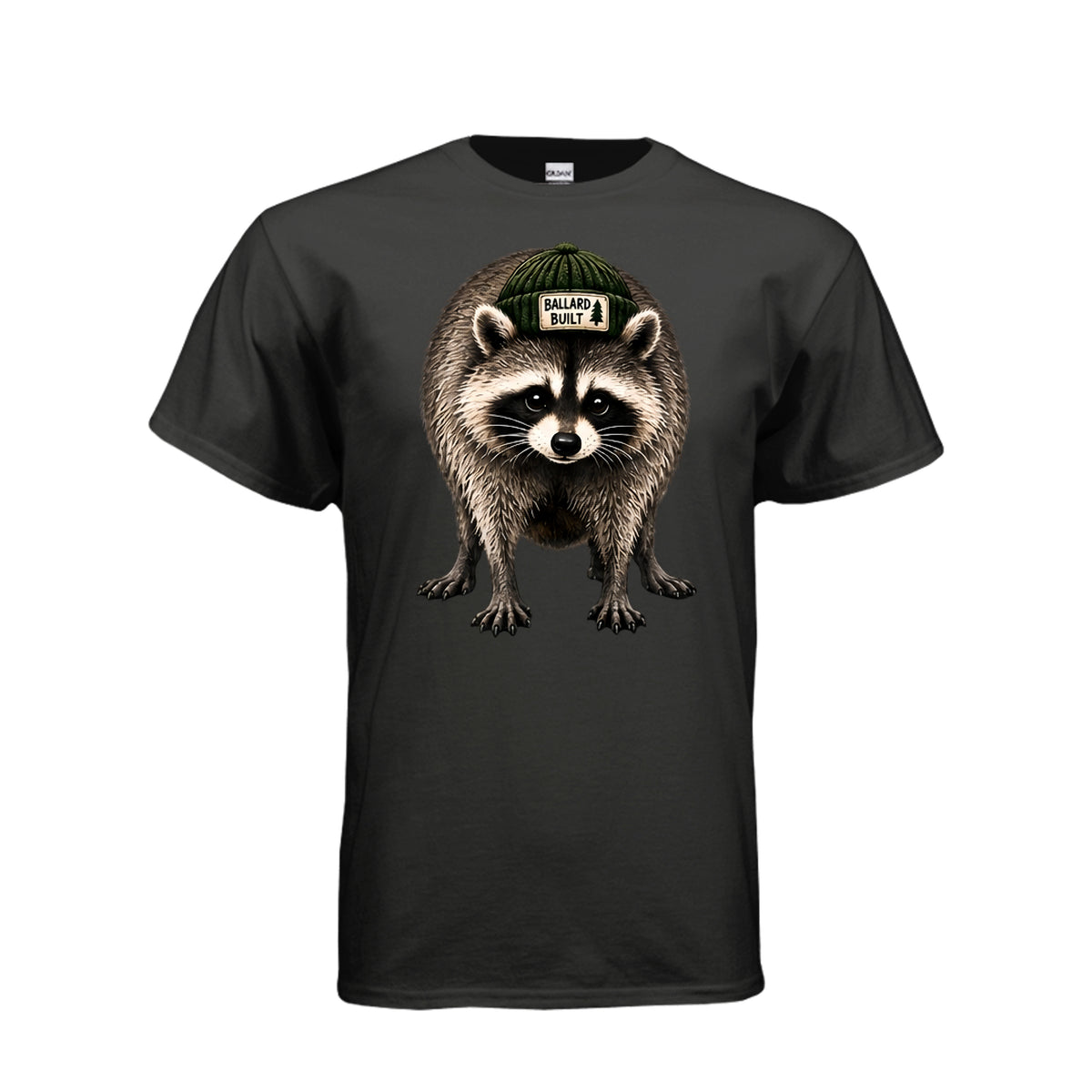 Black Jimothy the Raccoon – Pacific Northwest Graphic T-Shirt, front view