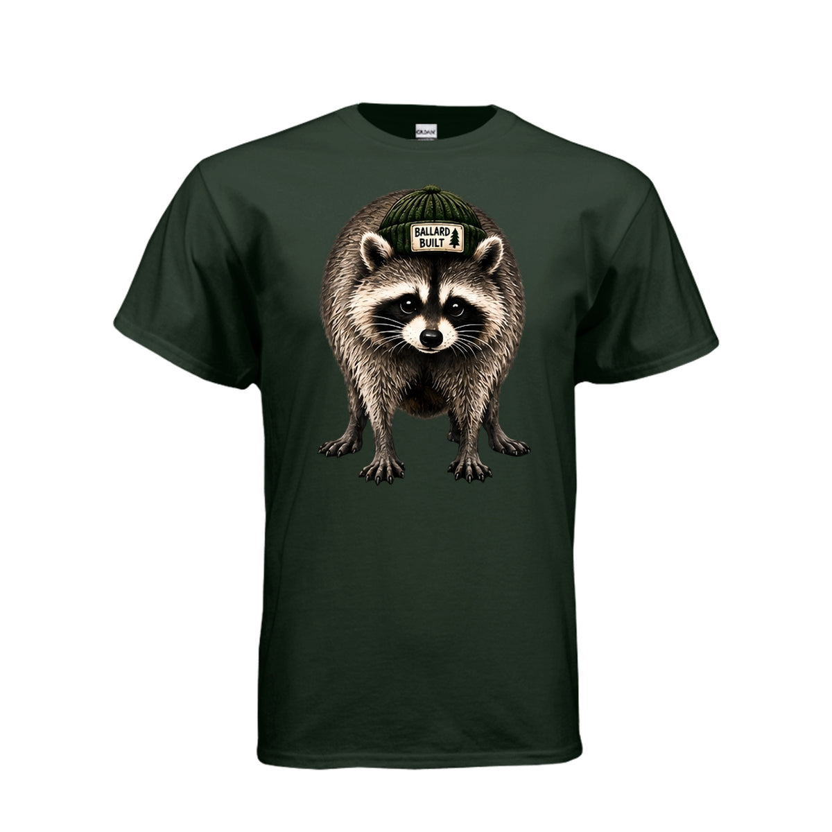 Forest Green Jimothy the Raccoon – Pacific Northwest Graphic T-Shirt, front view