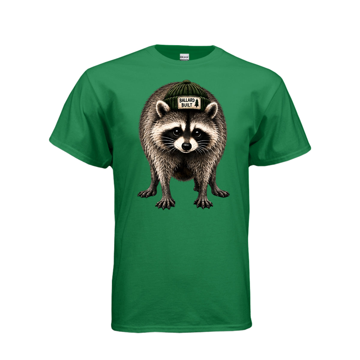Kelly Green Jimothy the Raccoon – Pacific Northwest Graphic T-Shirt, front view