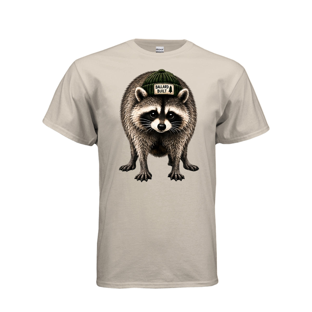Sand Jimothy the Raccoon – Pacific Northwest Graphic T-Shirt, front view