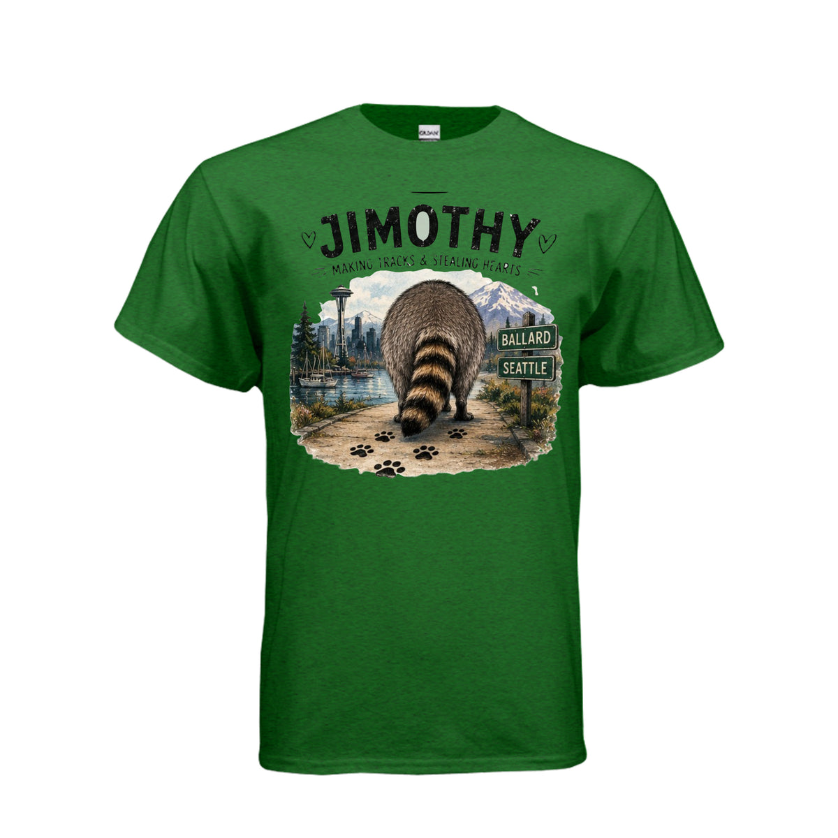 Antique Irish Green Jimothy the Raccoon – Making Tracks & Stealing Hearts T-Shirt, front view