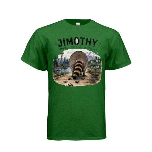Antique Irish Green Jimothy the Raccoon – Making Tracks & Stealing Hearts T-Shirt, front view