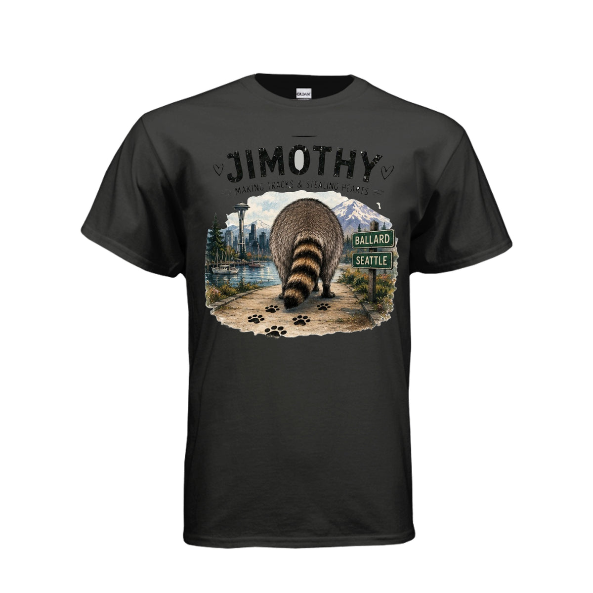 Black Jimothy the Raccoon – Making Tracks & Stealing Hearts T-Shirt, front view