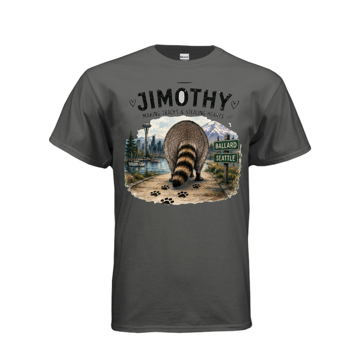 Charcoal Jimothy the Raccoon – Making Tracks & Stealing Hearts T-Shirt, front view