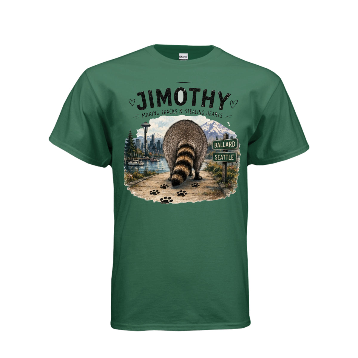 Fan Dark Green Jimothy the Raccoon – Making Tracks & Stealing Hearts T-Shirt, front view