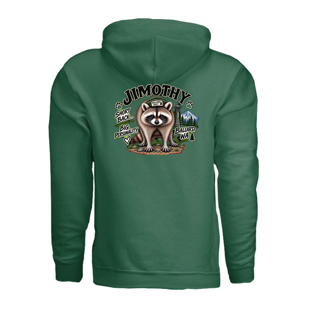 Fan Dark Green hoodie, back view with large Jimothy lettering above a raccoon graphic with trees and mountains.