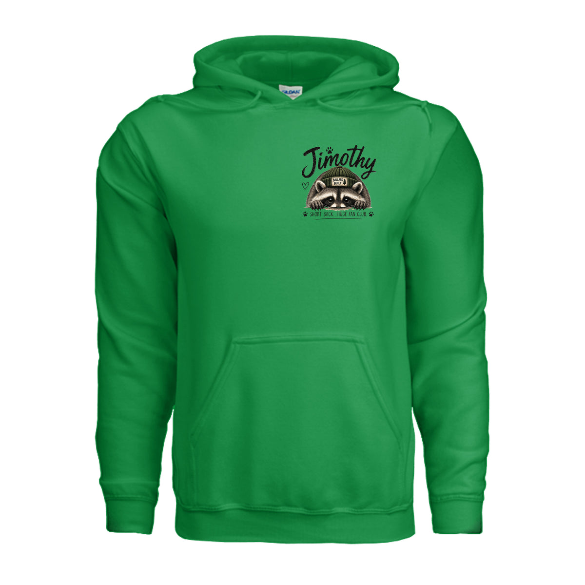 Irish Green Jimothy the Raccoon hoodie, front view with Jimothy lettering and a raccoon face graphic on the left chest.