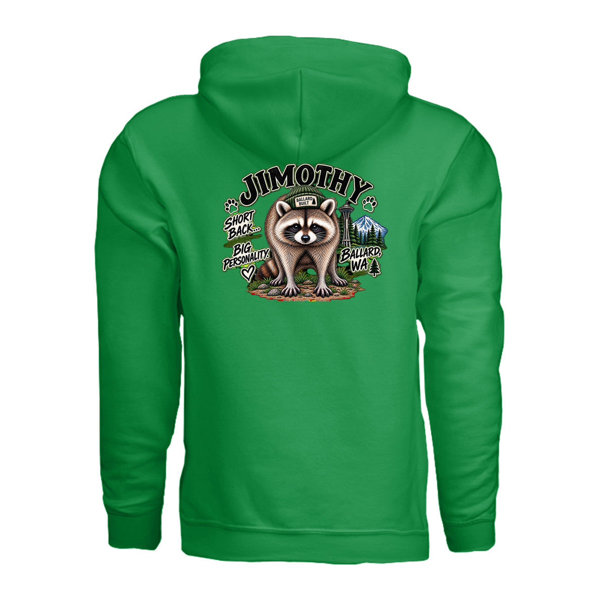 Irish Green hoodie, back view with large Jimothy lettering above a raccoon graphic with trees and mountains.