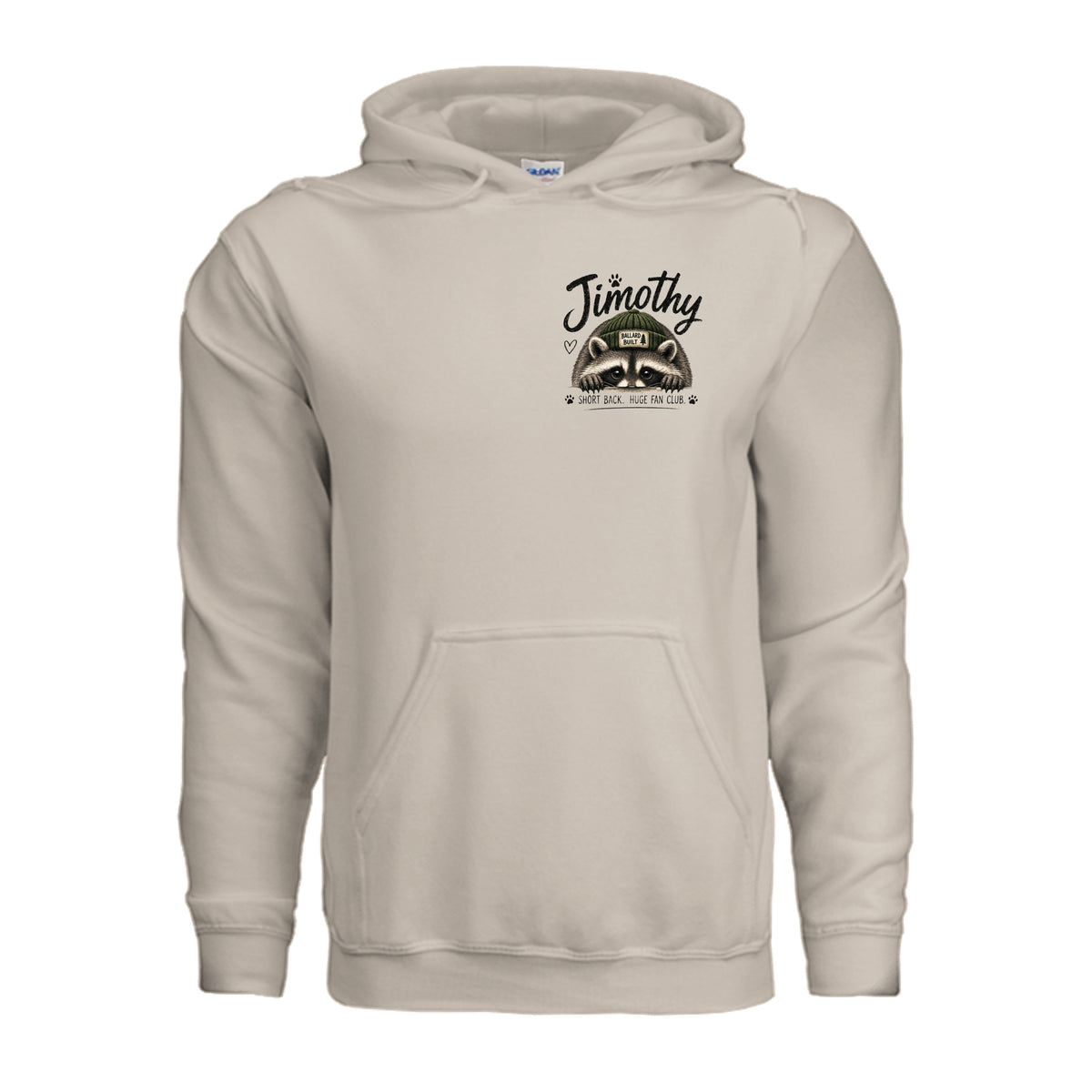 Sand-colored Jimothy the Raccoon hoodie, front view with Jimothy lettering and a raccoon face graphic on the left chest.