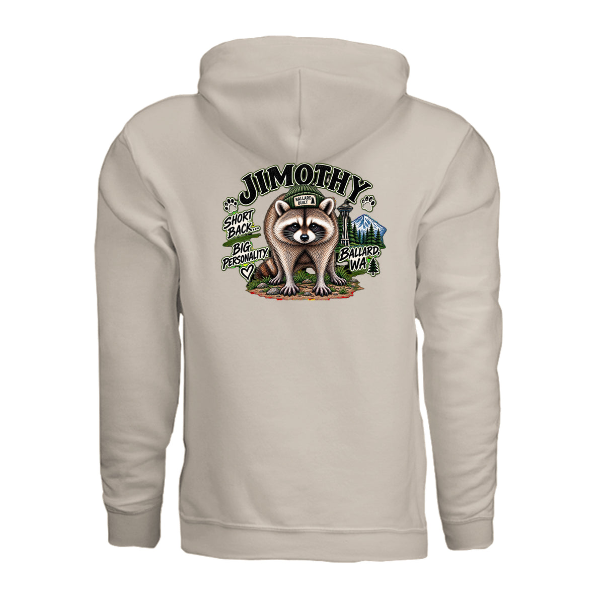 Sand-colored hoodie, back view with large Jimothy lettering above a raccoon graphic with trees and mountains.