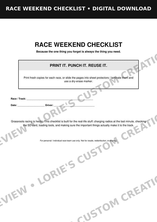 Race Weekend Checklist – 8-Page Printable PDF, preview 1
