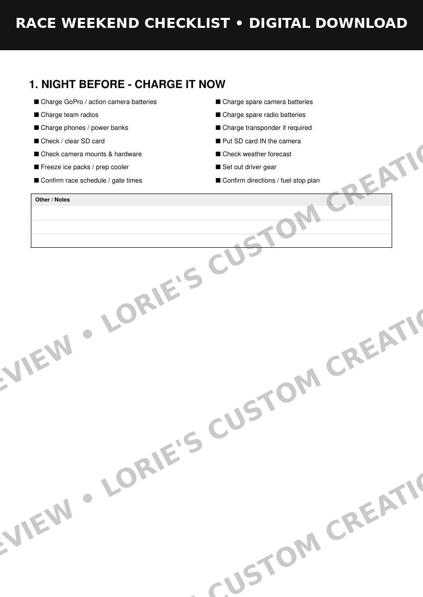 Race Weekend Checklist – 8-Page Printable PDF, preview 2
