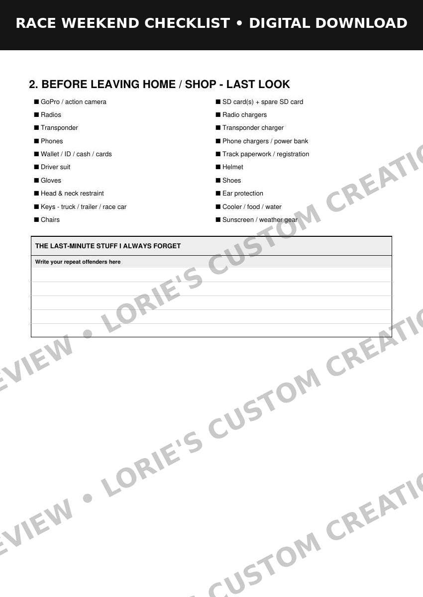 Race Weekend Checklist – 8-Page Printable PDF, preview 3
