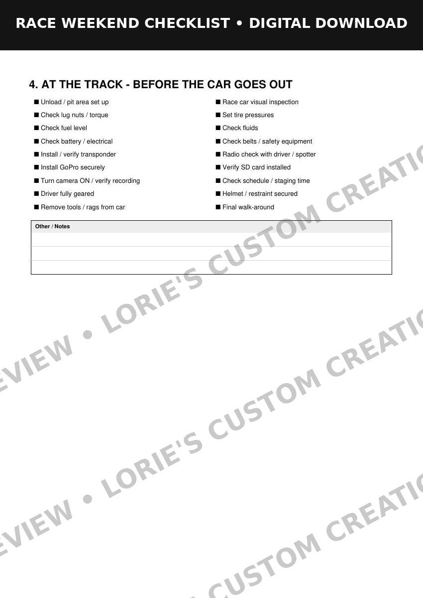 Race Weekend Checklist – 8-Page Printable PDF, preview 4
