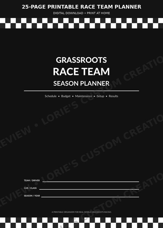 Grassroots Race Team Season Planner – 25-Page Printable PDF, preview 1
