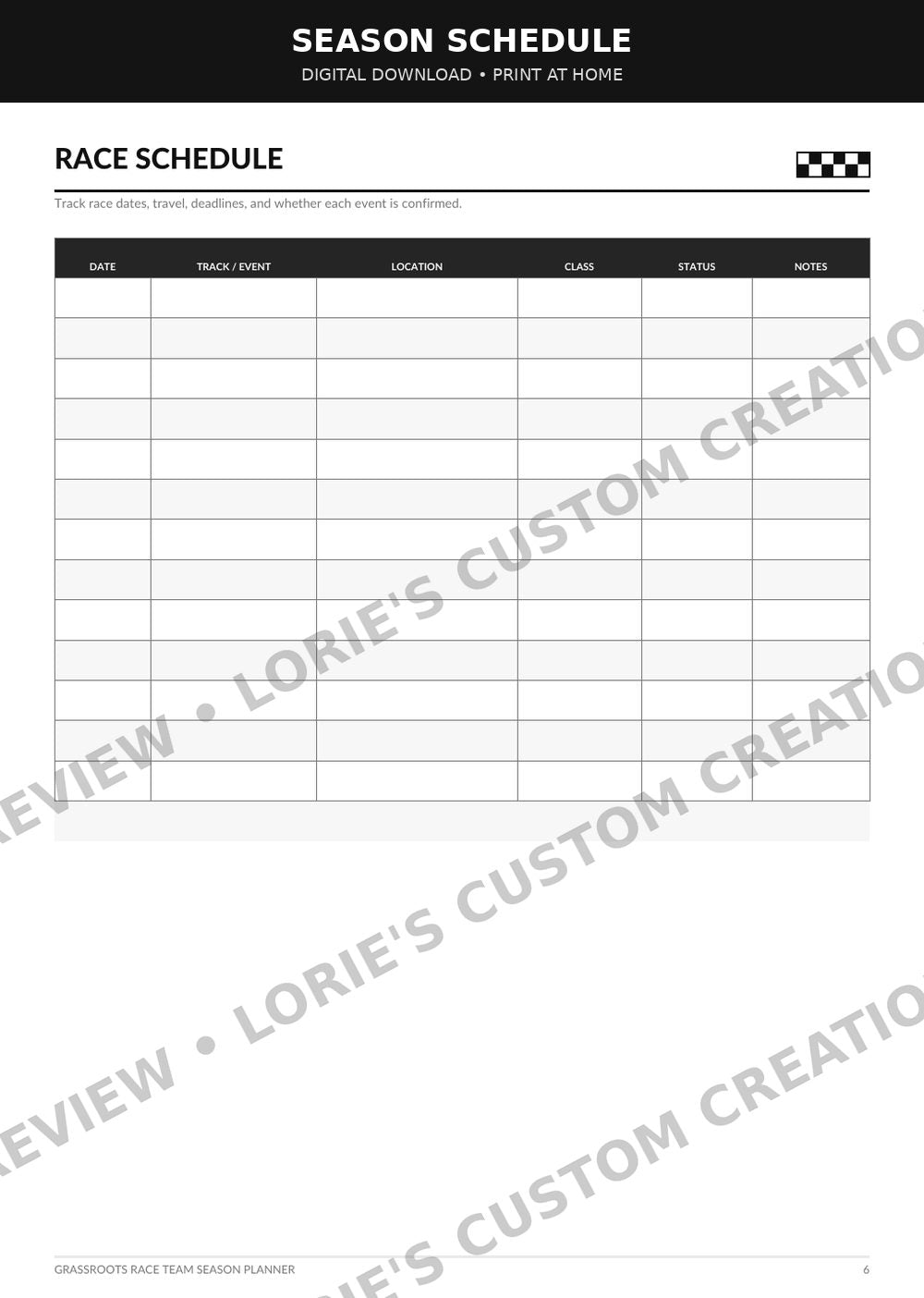 Grassroots Race Team Season Planner – 25-Page Printable PDF, preview 2

